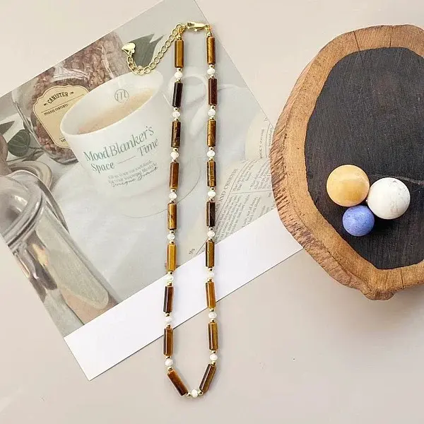Natural Tiger Eye Column & White Shell Beaded Necklaces