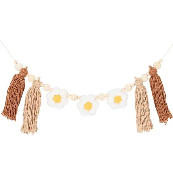 Wooden Banners with Flower Tassels Pendant Hanging Bunting