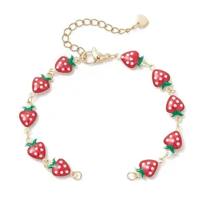 Brass Enamel Red Strawberry Link Chain Bracelet Makings