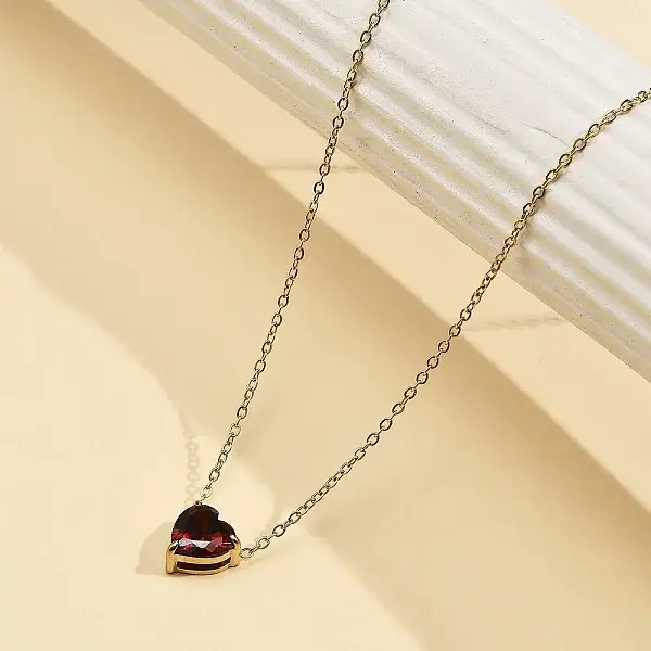 304 Stainless Steel Dark Red Cubic Zirconia Heart Pendant Necklaces for Women