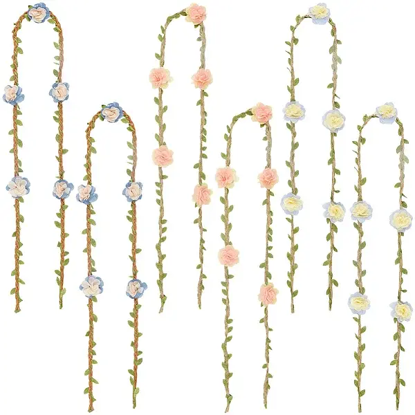 6Pcs 3 Styles Polyester & Linen Flower Rattan Straw Hat Bands