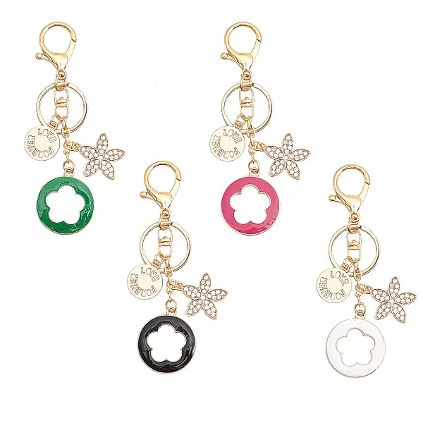 4Pcs 4 Colors Rhinestone Enamel Flower Pendant Keychain with AlloyCharm