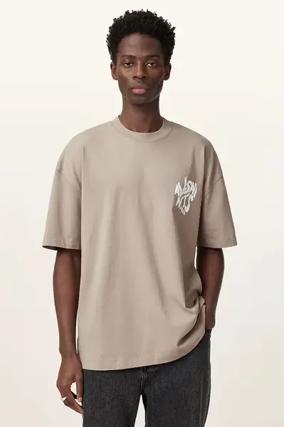 Bavlněné tričko AllSaints ORLANDO SS béžová barva, s potiskem, M022PA