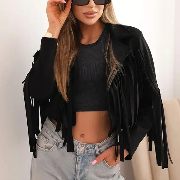 Kesi Włoski Dámská semišová bunda s třásněmi černá