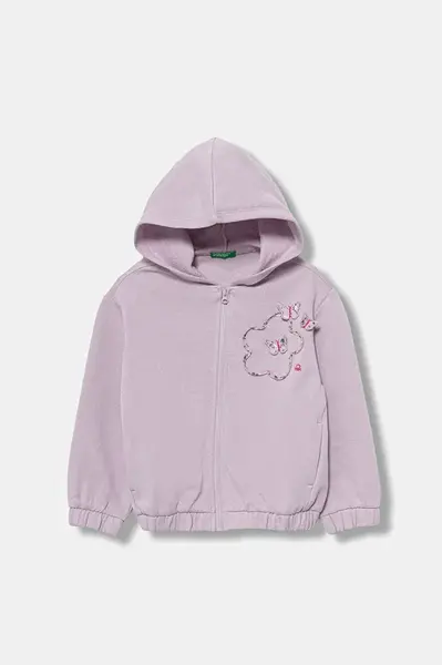Dětská bavlněná mikina United Colors of Benetton fialová barva, s kapucí, s aplikací, 3J68G503W
