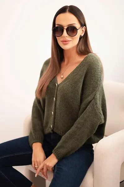 Kesi Włoski Dámský svetr s V výstřihem a knoflíky khaki