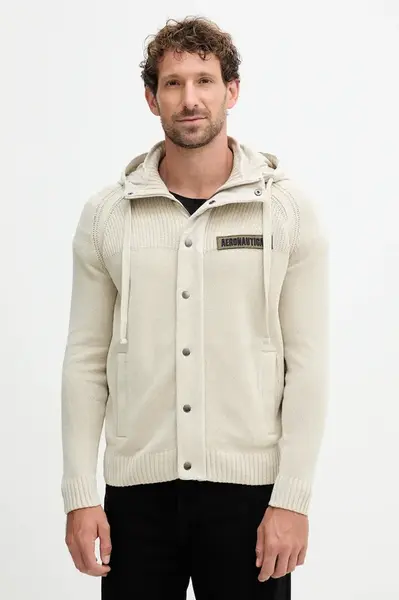 Bavlněná mikina Aeronautica Militare pánská, béžová barva, s kapucí, s aplikací, MA1575UL00539