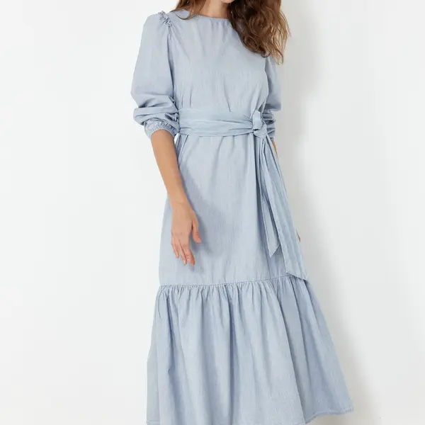 Trendyol Light Blue Belted Midi Denim Dress