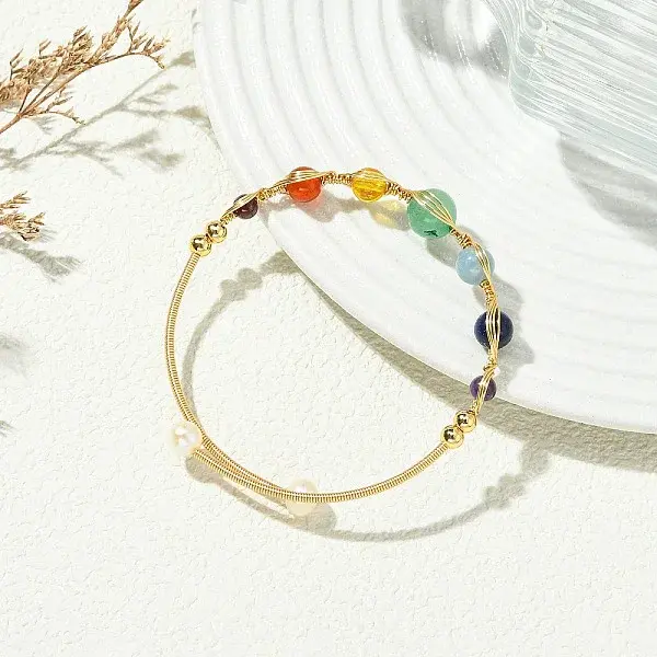 Chakra Herringbone Wire-Wrapped Gemstone Brass Cuff Bangles