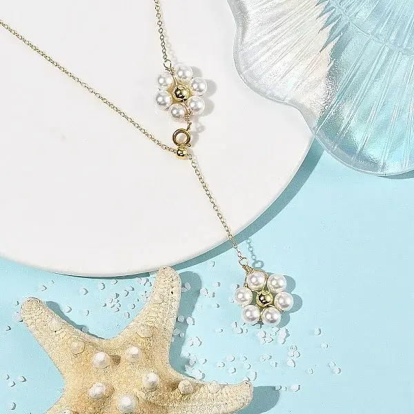 Adjustable Brass Shell Pearl Beaded Flower Pendant Lariat Necklaces