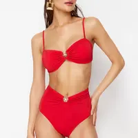 Trendyol Red Premium Accessory High Waist Hipster Bikini Bottom