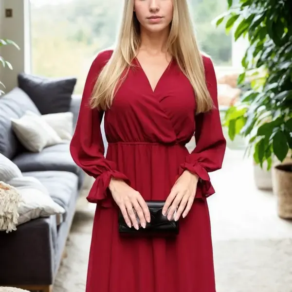 11353 Dewberry Lined Double Breasted Chiffon Dress-BURGUNDY