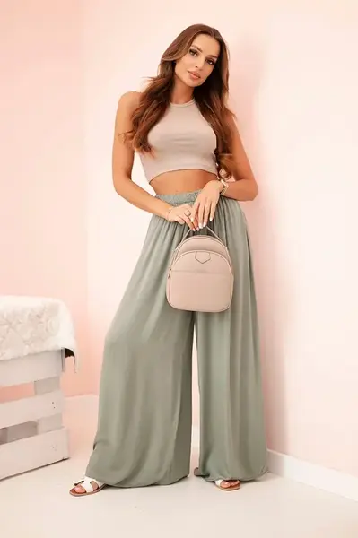 Kesi Włoski Dámske široké nohavice s elastickým pásom khaki