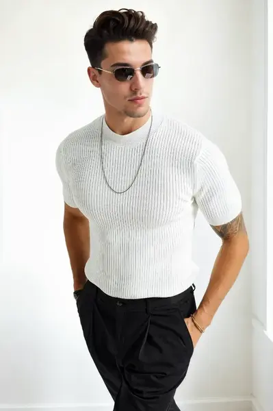 33307 Dewberry Mens Crew Neck Short Sleeve Thin Knit Sweater-WHITE