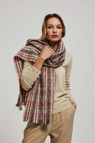 Marisse Pink Checkered Scarf With Metallic Thread