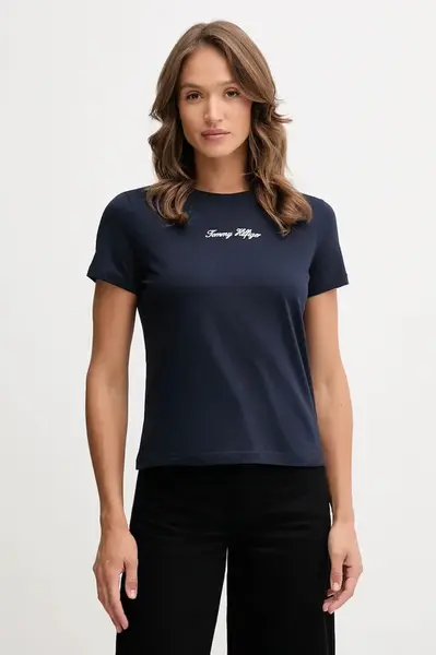 Bavlněné tričko Tommy Hilfiger dámské, tmavomodrá barva, WW0WW47460