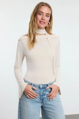 Trendyol Stone Shawl Detailed Fitted/Fits on the Body Flexible Knitted Blouse