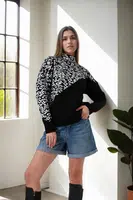 90315 Dewberry Half Turtleneck Leopard Womens Sweater-BLACK