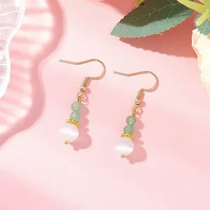 Round Natural Malaysia Jade & Cat Eye Beaded Dangle Earrings
