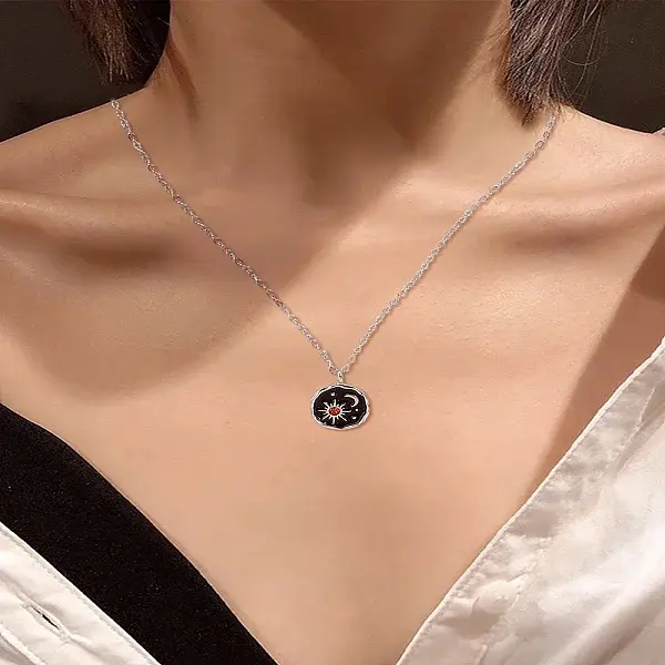 1Pc Alloy Black Enamel Moon Sun Pendant Necklaces