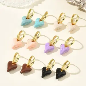 Brass Enamel Dangle Hoop Earrings for Women