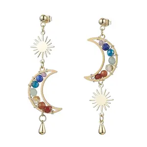 Chakra Moon Copper Wire Wrapped Gemstone Stud Earring