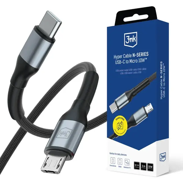 Kabel 3mk Hyper Cable N-SERIES C to USB-C na Micro 3m QC 3.0 5V/2A 10W, černá