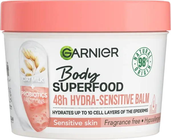 GARNIER Body Superfood hydratační balzám s ovesným mlékem a probiotickými frakcemi pro citlivou pokožku, 380 ml