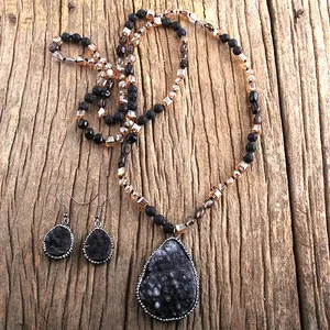 Teardrop Bohemian Style Glass with Natural Lava Rock Pendant Necklace & Dangle Earrings Sets