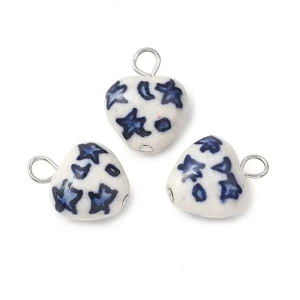 Hand Painted Star & Moon Heart Porcelain Pendants