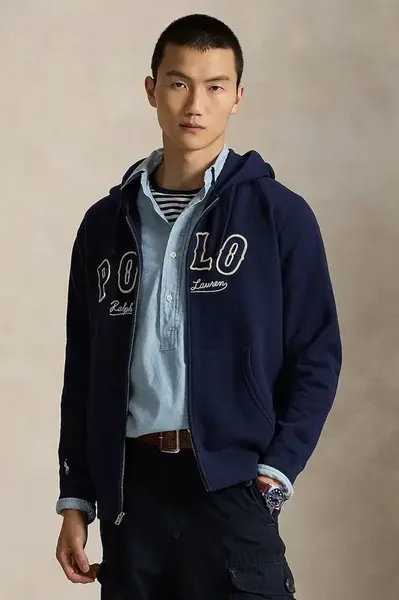 Mikina Polo Ralph Lauren pánská, tmavomodrá barva, s kapucí, s aplikací, 710P04874