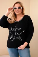 Kesi Włoski Dámská blůza Plus Size s nápisem a perlami černá