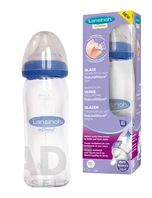 LANSINOH Sklenená dojčenská fľaša s NaturalWave cumľom (stredný prietok MF) 240 ml