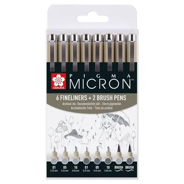 Sakura Micron perá 6 svetlo studená šedá plus 2 Pigma Brush-Sakura