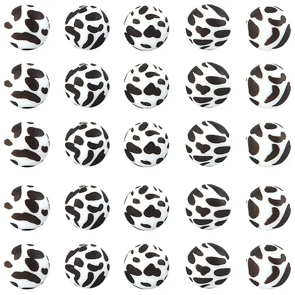 50Pcs Round with Cow/Zebra Pattern Food Grade Eco-Friendly Silicone Beads