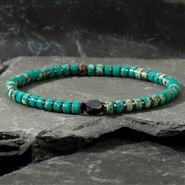 Dyed Natural Imperial Jasper & Synthetic Non-magnetic Hematite Beads Stretch Bracelets for Men