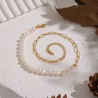 Natural Freshwater Pearl Beaded and 304 Stainless Steel Paperclip Chain Necklaces for Women