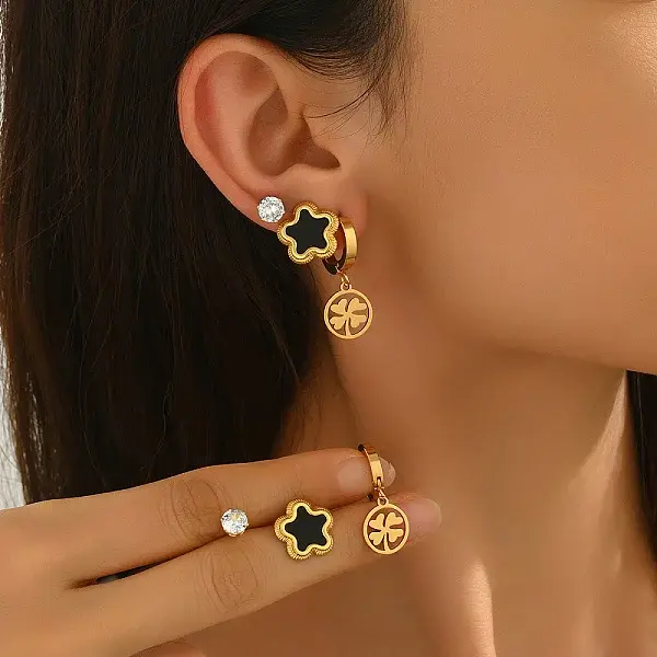 3 Pairs Stainless Steel Flower & Flat Round Earring Sets