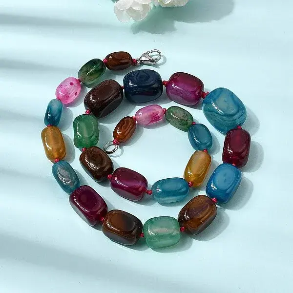 Dyed Natural Agate Cuboid Graduated Beaded Necklaces with Alloy Clasps