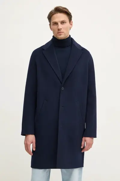 Vlněný kabát FROM FUTURE tmavomodrá barva, přechodný, oversize, MOU01372