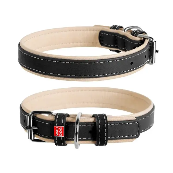 Plochý kožený obojok Soft čierno béžový, Obvod krku: 46-60cm, šírka: 35mm