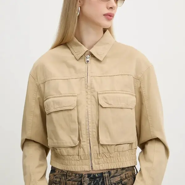 Džínová bunda Hugo Blue dámská, béžová barva, přechodná, oversize, 50530800