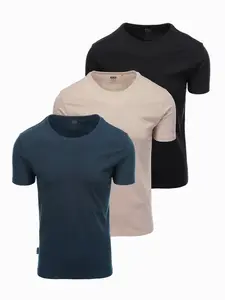 Ombre Set of men's BASIC cotton shirts with round neckline - black/gray/sand