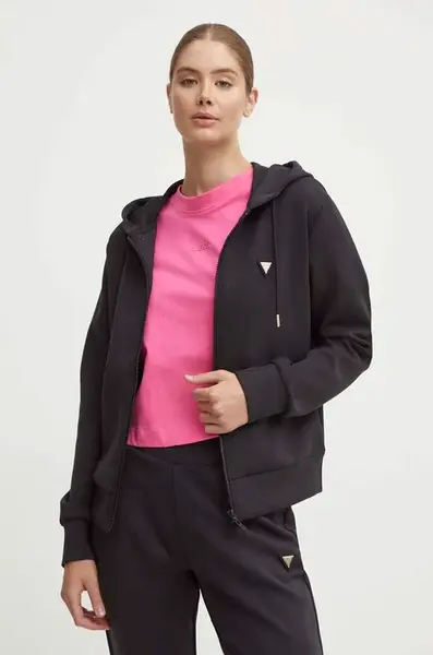 Mikina Guess OLYMPE dámská, černá barva, s kapucí, hladká, V4YQ06 KCAY2