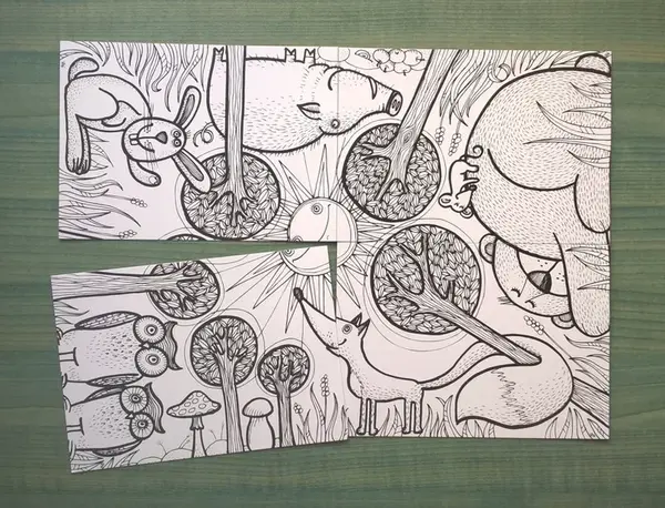 Skladacie pohľadnice - Slnko v lese- maľovanky