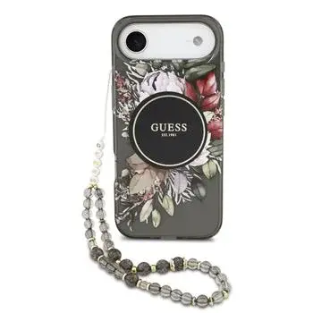 Zadní kryt Guess IML Flowers Strap MagSafe pro Apple iPhone 17 Pro, černá