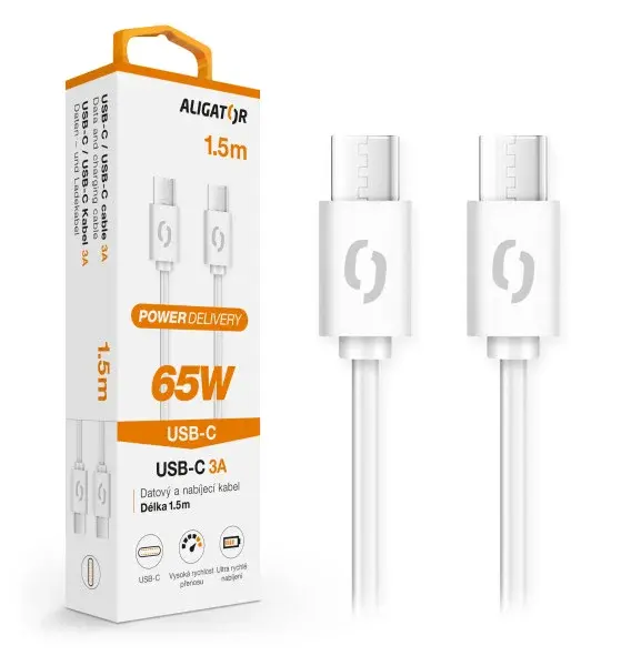 Datový kabel Aligator Power 65W, USB-C/USB-C 3A 1,5m, bílá