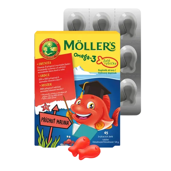 MÖLLERS Omega 3 Želé rybičky malinová příchuť, žvýkací želé tablety 45 ks