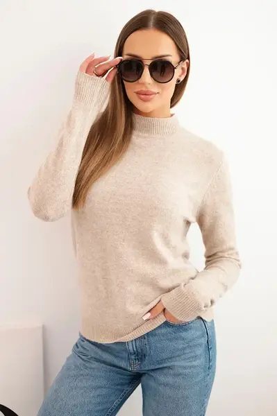 Kesi Włoski Dámský svetr s polo rolákem z měkké příze tmavě béžový