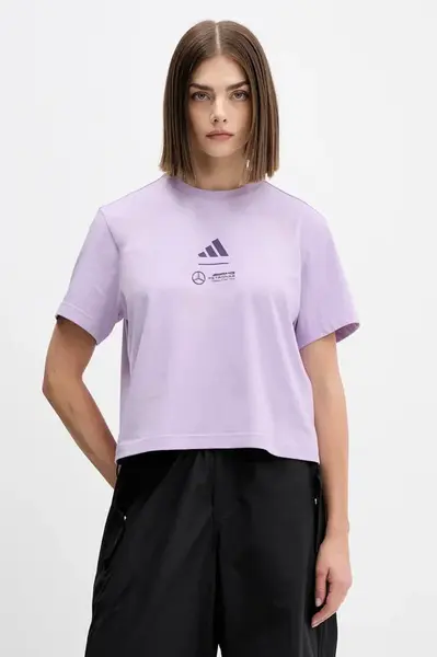Bavlněné tričko adidas x Mercedes dámské, fialová barva, JX8816